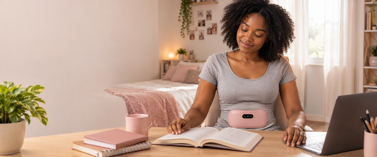 South African woman studying at a desk while wearing the GentleCycle heating and massage belt