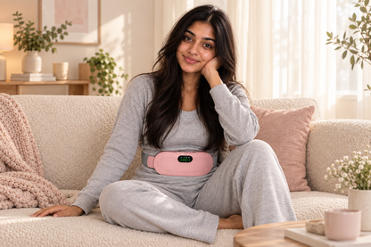 GentleCycle belt worn over grey loungewear on a cream sofa