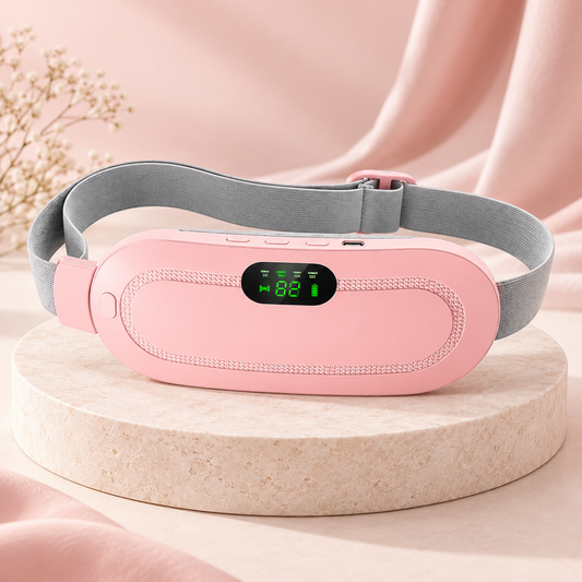 Pink GentleCycle heating and massage belt with grey strap